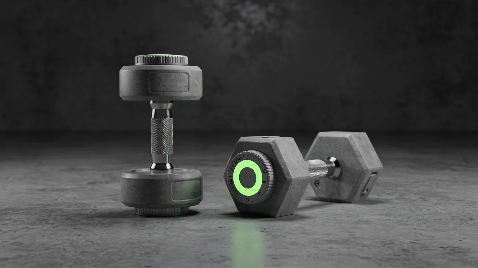 AI-generated concept illustration: one generic dial-adjustable dumbbell standing beside a single fixed hex dumbbell on a concrete floor, the adjustable one's selector dial glowing volt green