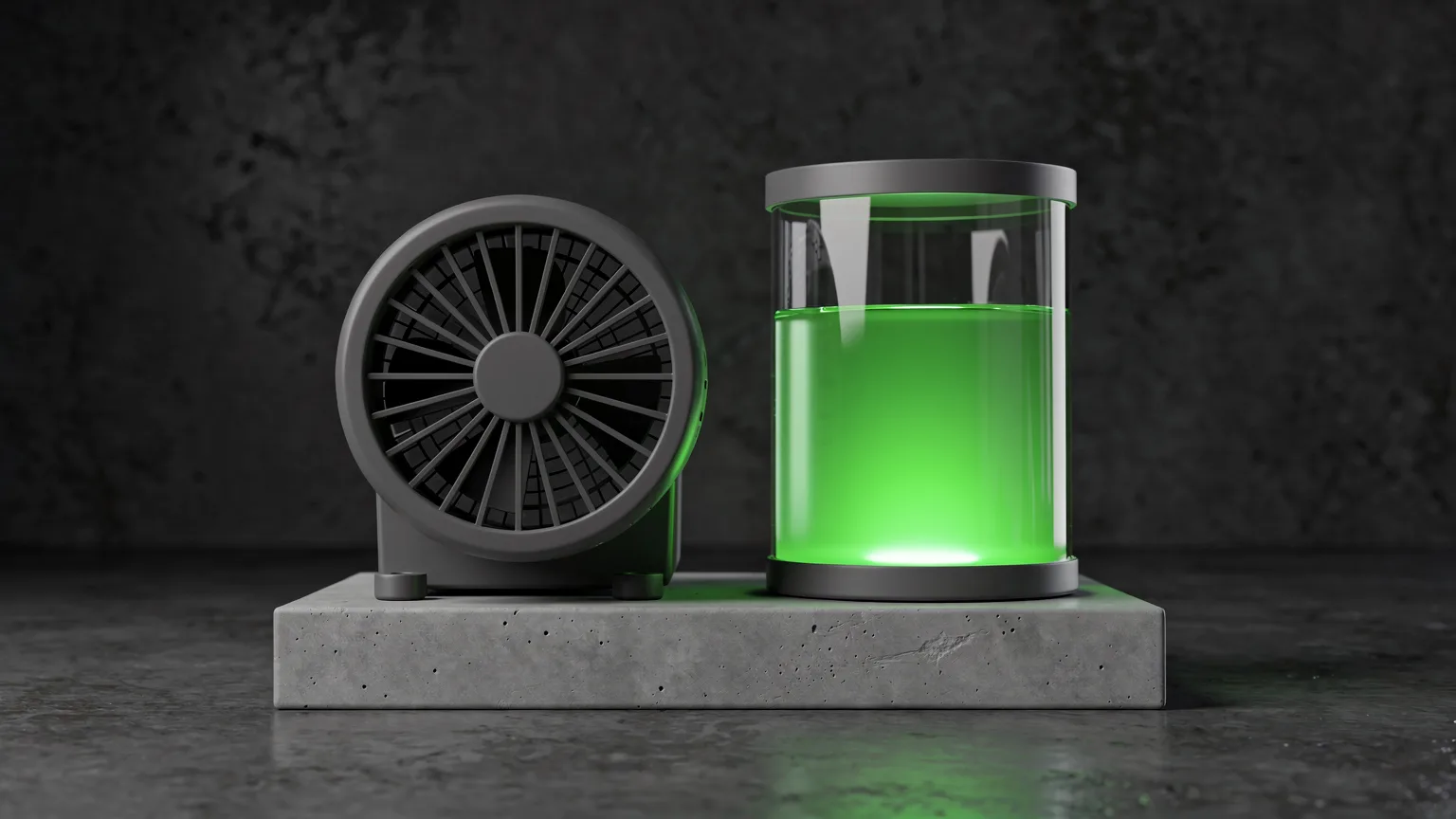 AI-generated concept illustration: two generic rowing machine flywheels side by side, one air fan cage and one clear water tank, volt green light inside the water tank