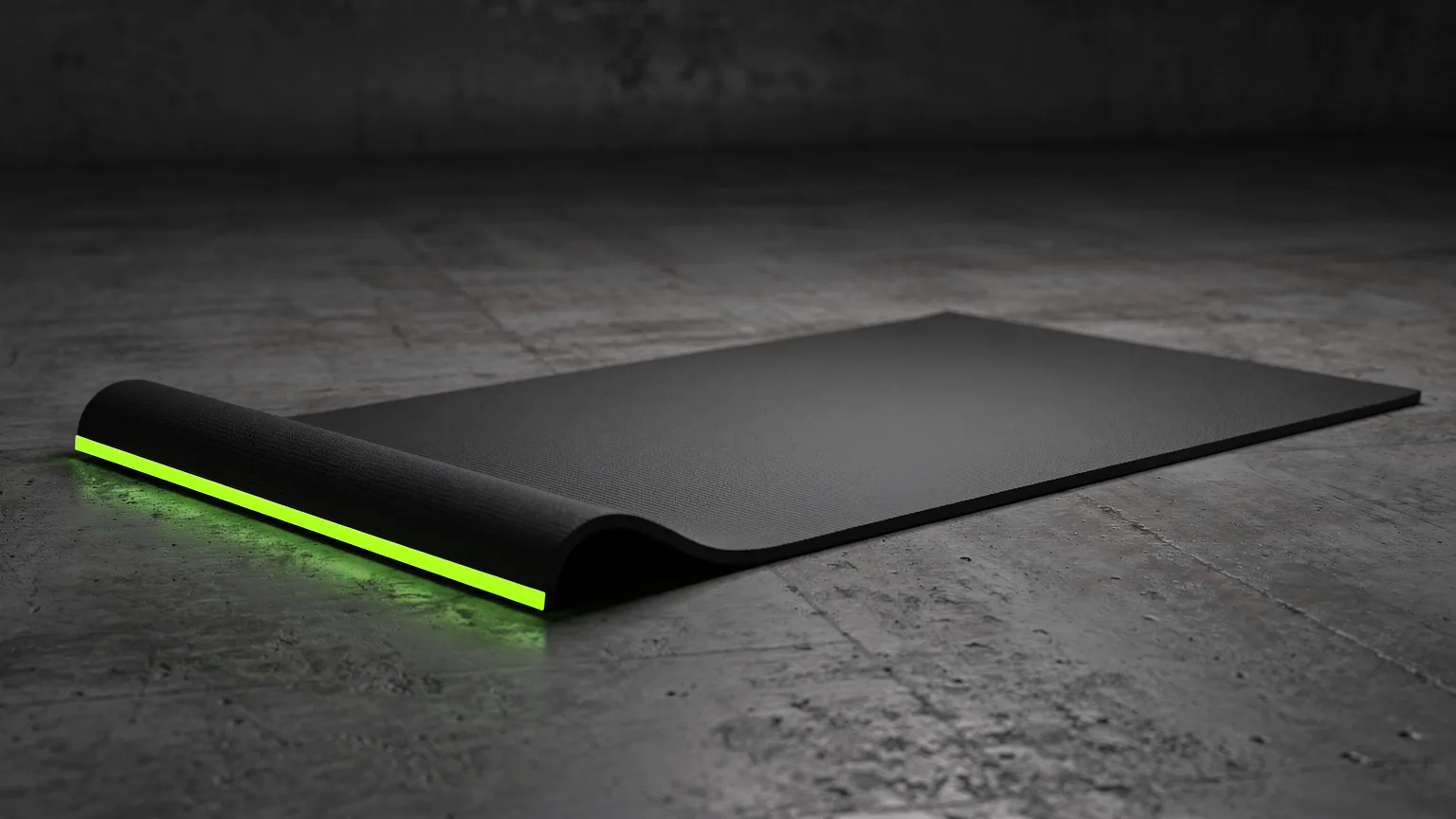 AI-generated concept illustration: a single thick black solid rubber gym mat lying flat on a bare concrete floor, one edge catching a volt green light, nothing else in the frame
