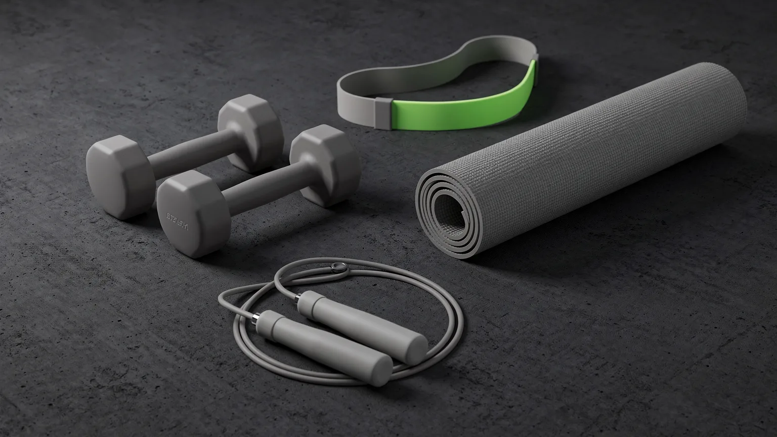 AI-generated concept illustration: a tidy flat-lay of generic starter home gym items: a pair of dumbbells, a mat, a band loop and a jump rope, one volt green band as the accent