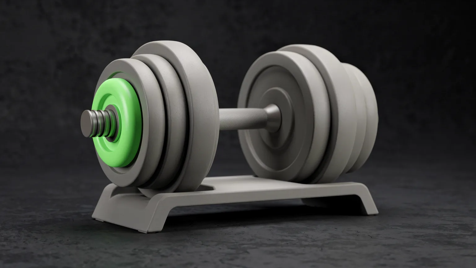 AI-generated concept illustration: a pair of generic adjustable dumbbells on a stand, the weight plates stacked in rows, a volt green selector ring on one