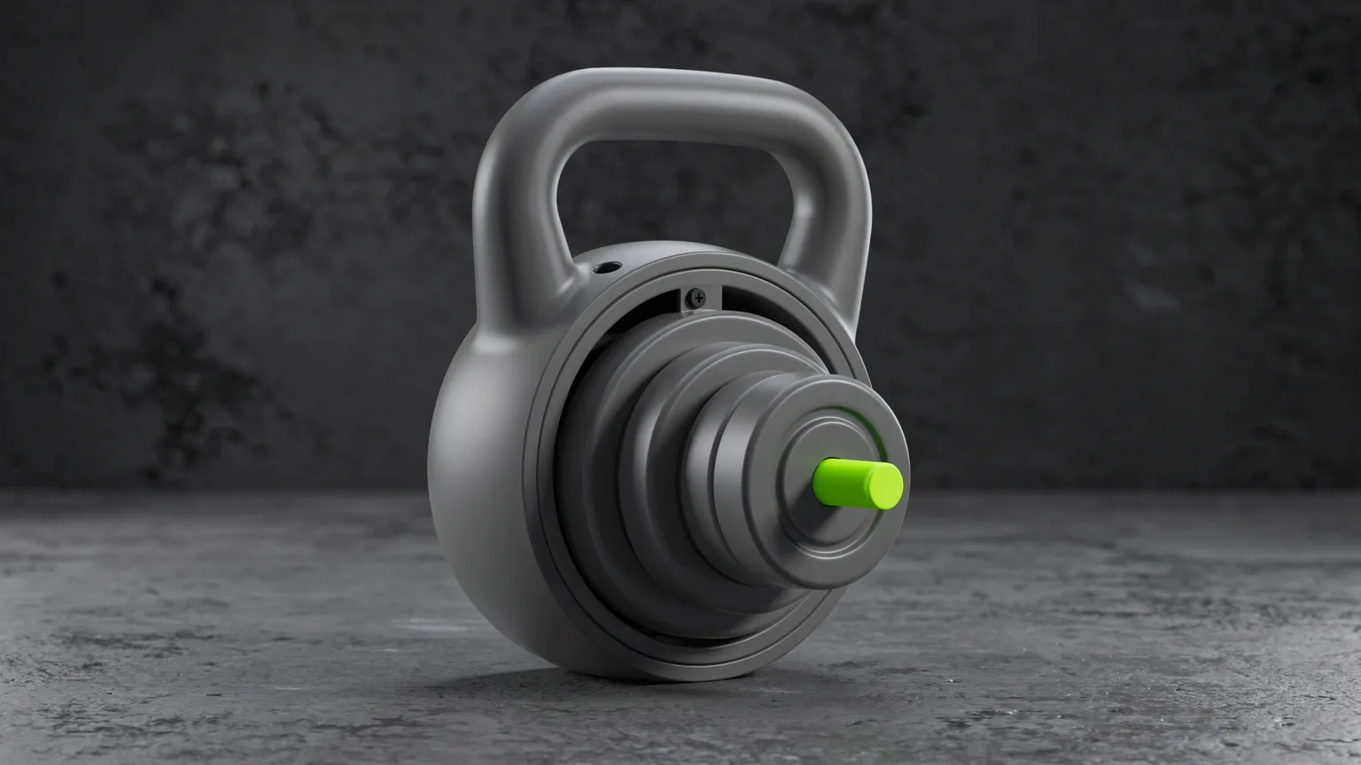AI-generated concept illustration: a single generic adjustable kettlebell with a visible weight plate stack inside the bell, a volt green locking pin