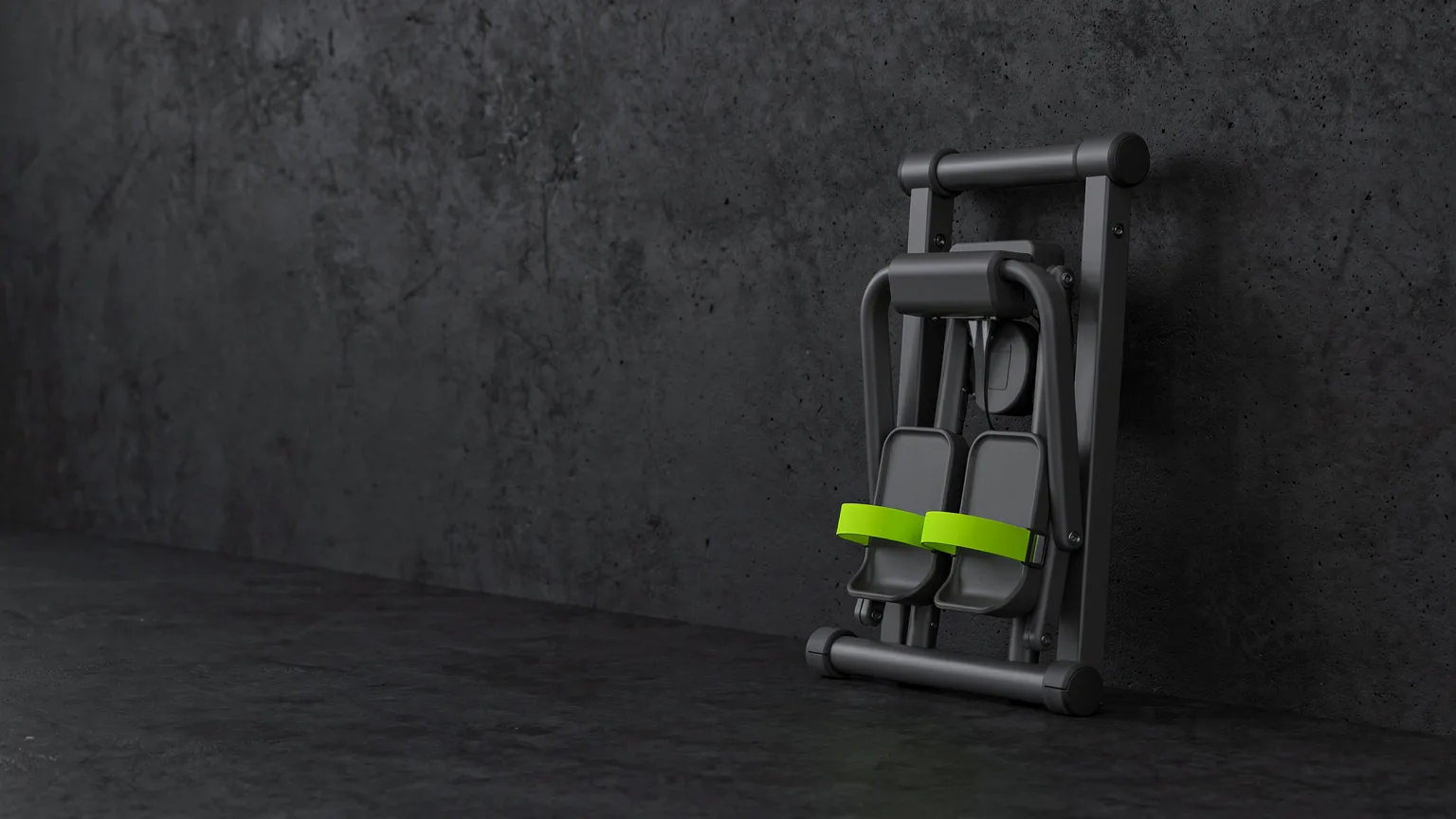 AI-generated concept illustration: a generic compact folding rowing machine standing upright against a wall in a bare room, volt green foot straps