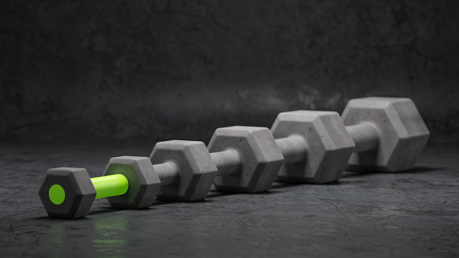 AI-generated concept illustration: a neat row of generic rubber hex dumbbells in ascending sizes on a floor, only the smallest one has a volt green band