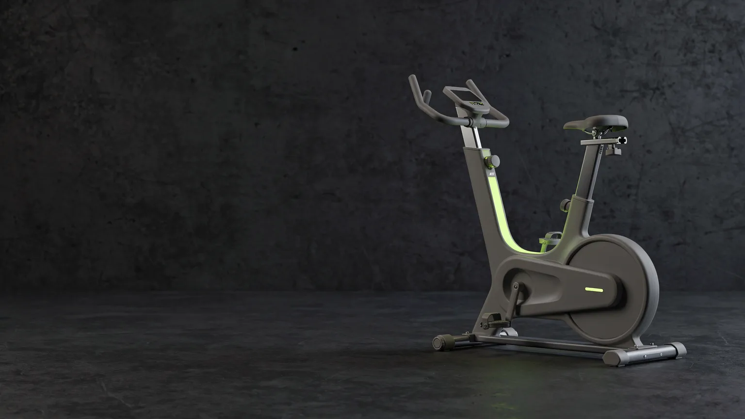 AI-generated concept illustration: a generic upright exercise bike in a minimal room corner, a thin volt green light strip along the frame