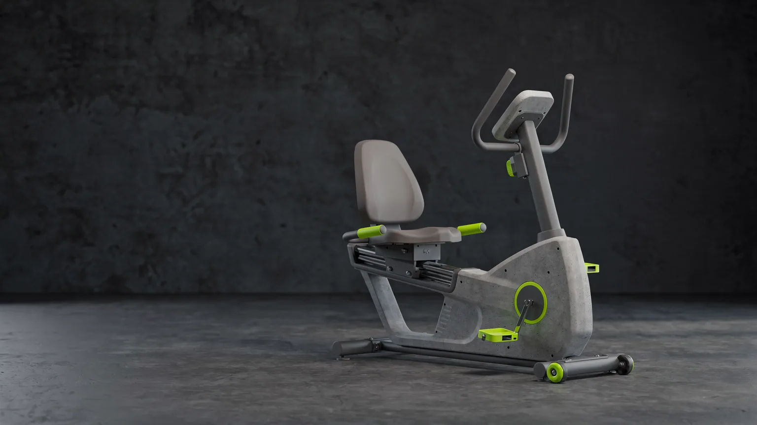 AI-generated concept illustration: a generic recumbent exercise bike with a comfortable backrest seat, a volt green handle grip, calm minimal room