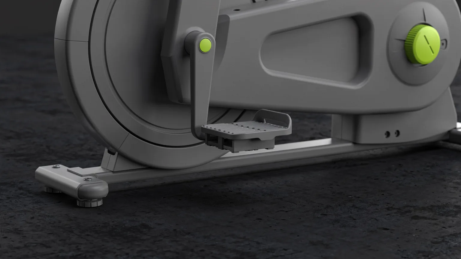 AI-generated concept illustration: a generic basic magnetic exercise bike flywheel and pedals in close-up, volt green accent on the tension knob
