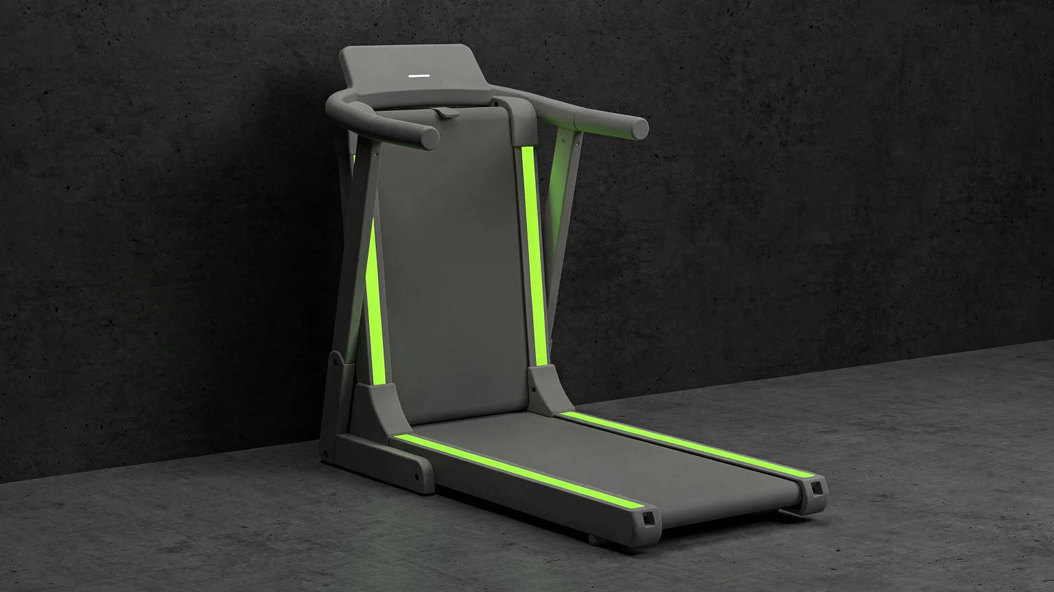 AI-generated concept illustration: a generic folding treadmill half folded up against a wall, volt green edge light on the belt side