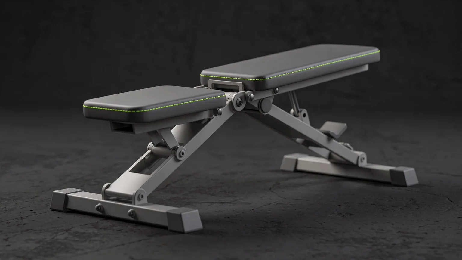 AI-generated concept illustration: a generic folding weight bench partly folded, showing the hinge and the padded seat, volt green stitching