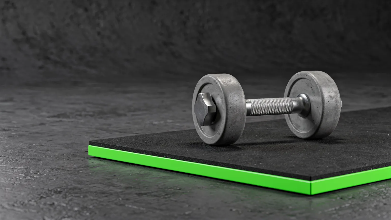AI-generated concept illustration: a thick black rubber floor tile with a single heavy generic dumbbell resting on it, a volt green tile edge