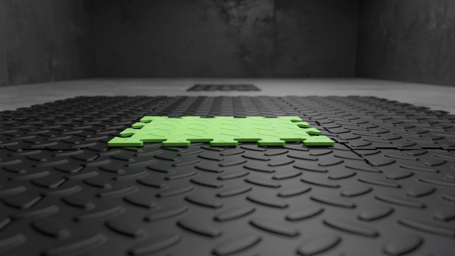 AI-generated concept illustration: black interlocking rubber floor tiles laid in perspective across a bare room, one volt green tile in the pattern