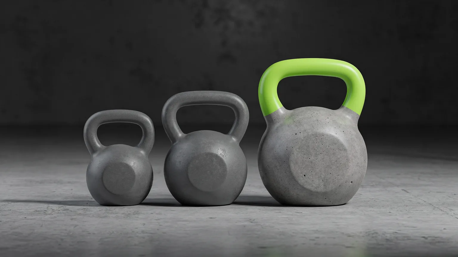 AI-generated concept illustration: three generic cast iron kettlebells of different sizes in a row on concrete, the largest with a volt green handle