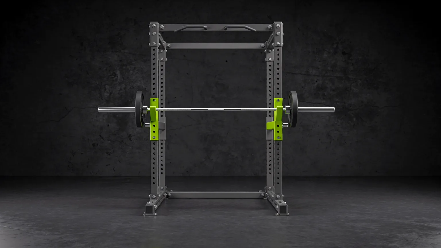 AI-generated concept illustration: a generic steel power rack with a barbell resting on the hooks in an empty garage, volt green spotter arms