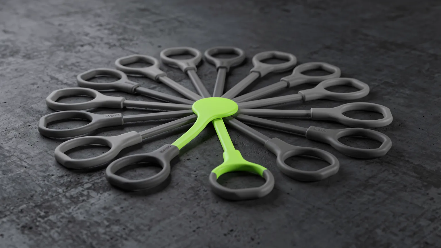 AI-generated concept illustration: looped and tube resistance bands arranged in a fan on a concrete floor, one volt green band