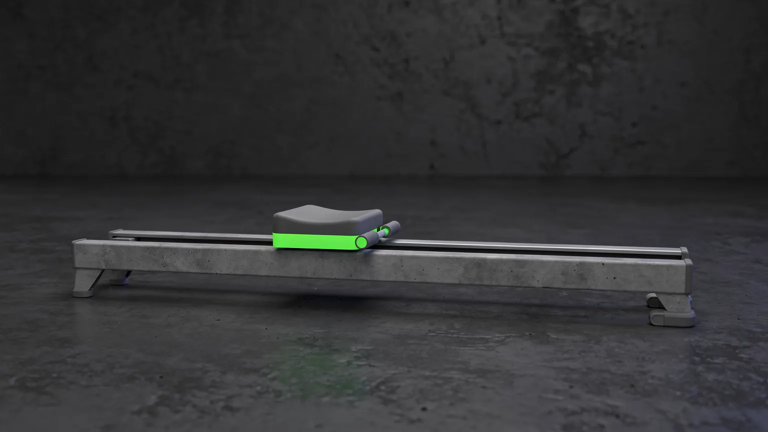 AI-generated concept illustration: a generic rowing machine seat and handle on an empty rail seen from the starting position, a volt green stripe on the seat, calm uncluttered room