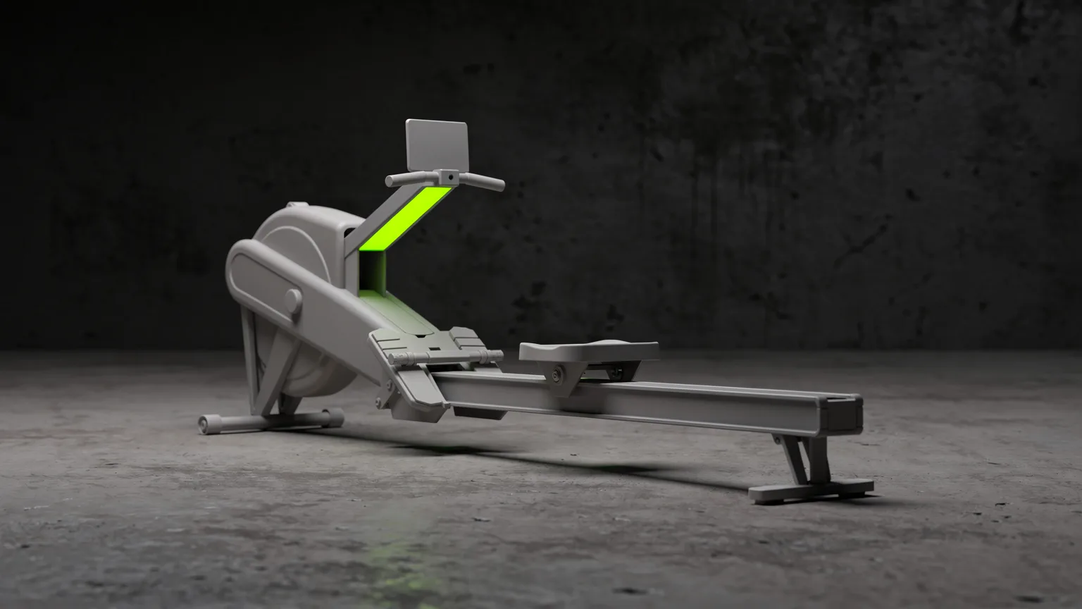 AI-generated concept illustration: a generic rowing machine with a long rail in a bare room, a volt green accent along the monitor arm