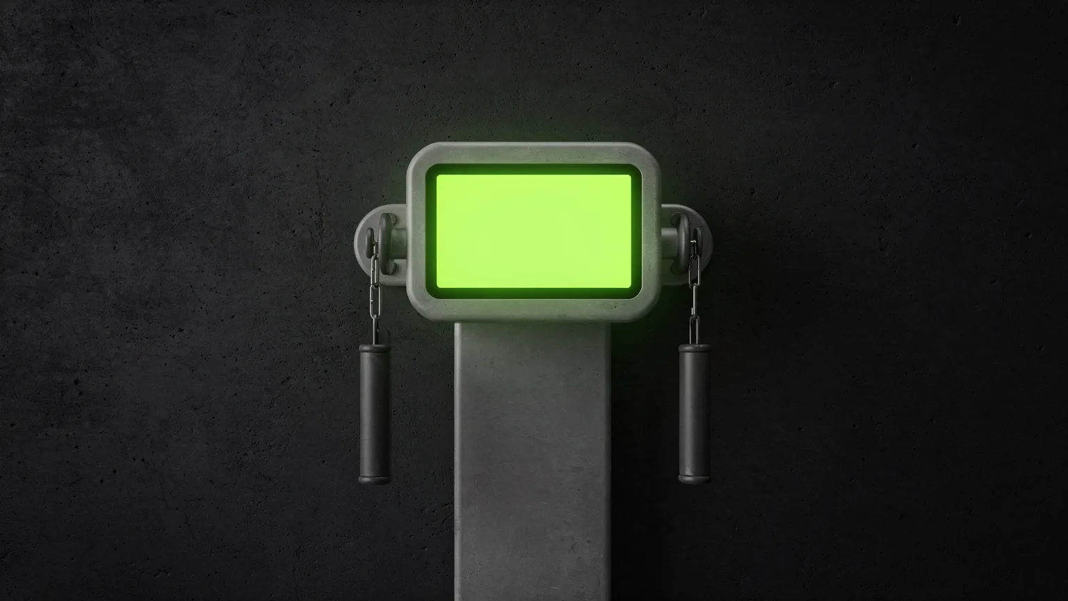 AI-generated concept illustration: a generic wall-mounted cable machine with a blank glowing volt green touchscreen and two cable handles