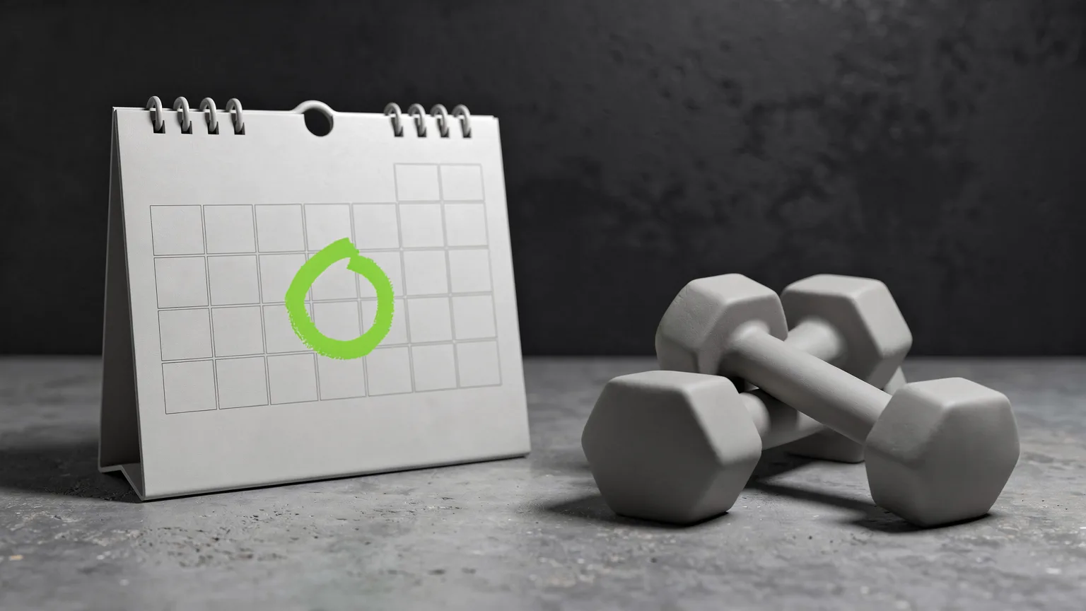 AI-generated concept illustration: a generic wall calendar page with no text beside a pair of dumbbells, a volt green marker ring around one square
