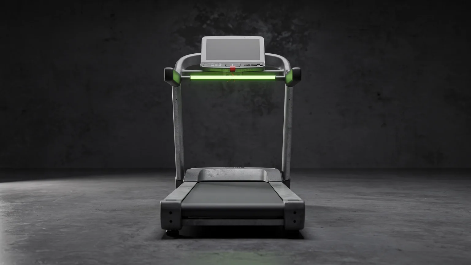 AI-generated concept illustration: a generic motorised treadmill seen from the front in an empty room, a volt green light line across the console