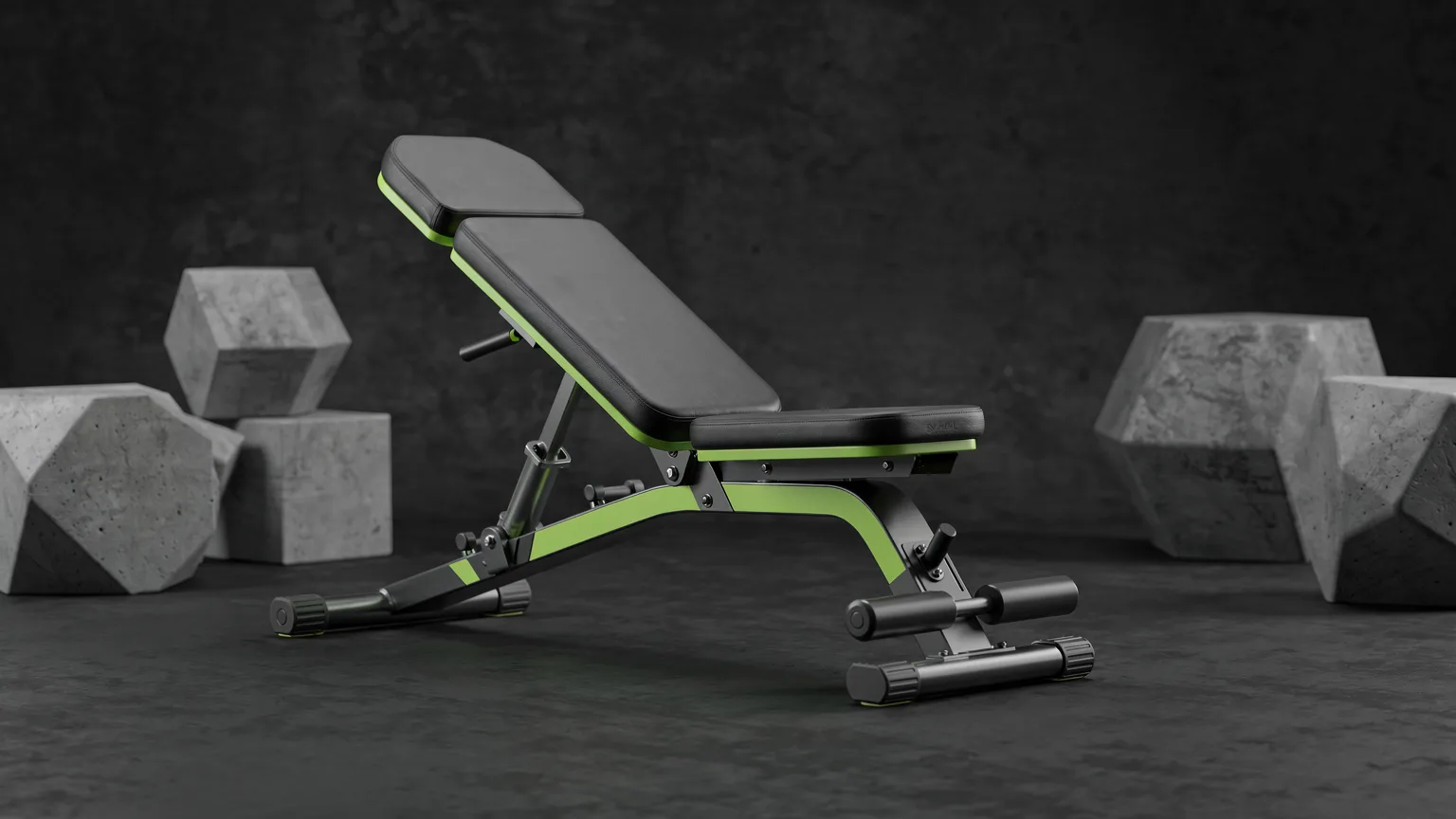 AI-generated concept illustration: a generic adjustable weight bench set at an incline, padded black seat, volt green frame stripe