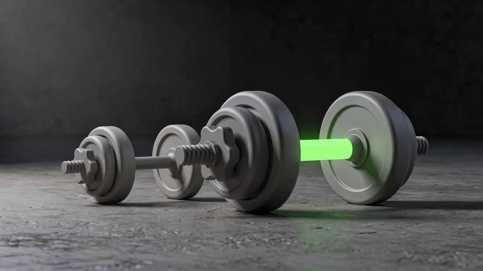 Illustration of two generic grey adjustable dumbbells of different sizes on a concrete floor, the larger with a volt-green handle