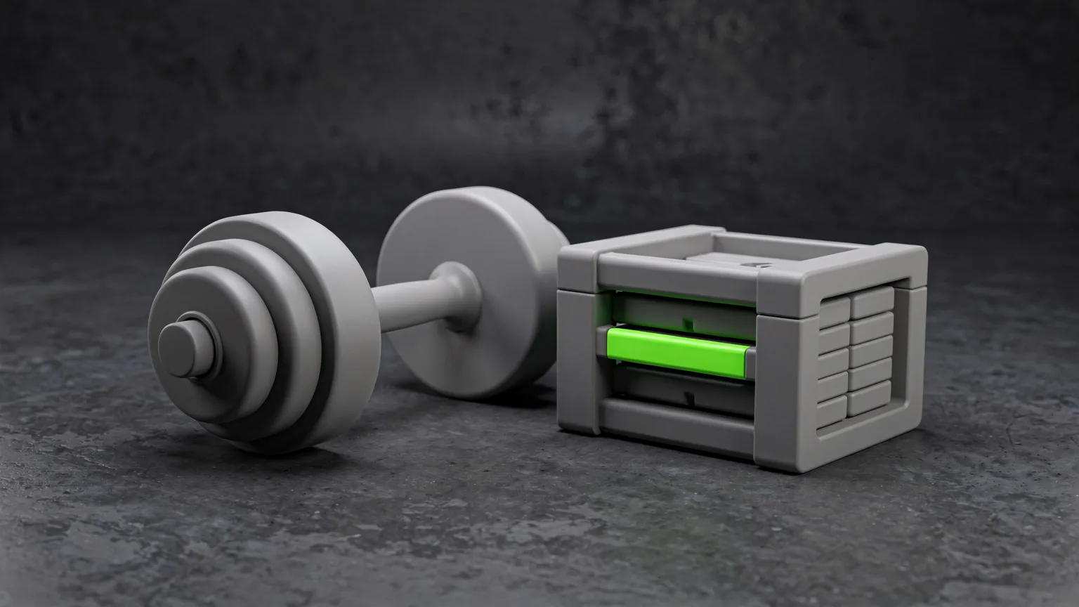 Generic grey round-plate dumbbell beside a compact block-style adjustable dumbbell with a volt-green selector pin on concrete