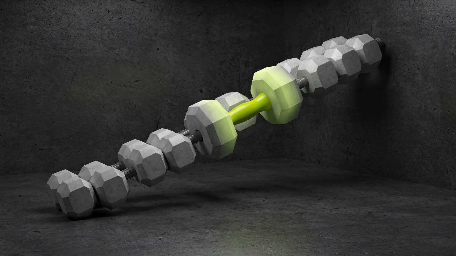 AI-generated concept illustration: a staircase of generic dumbbells from light to heavy in a diagonal line, only the middle one with a volt green handle