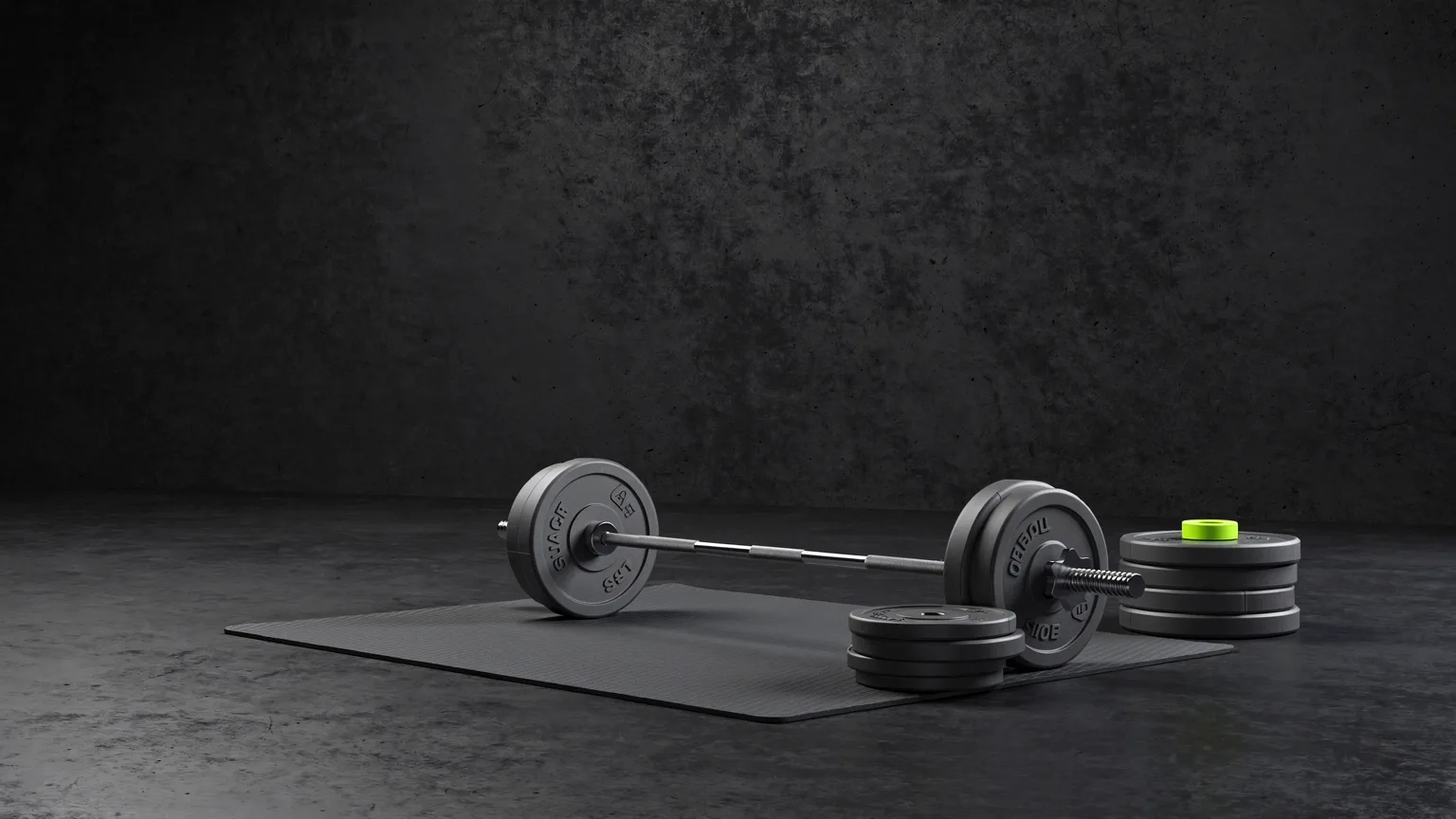 AI-generated concept illustration: a bare garage corner with a generic barbell, plates and a rubber mat, volt green plate collar