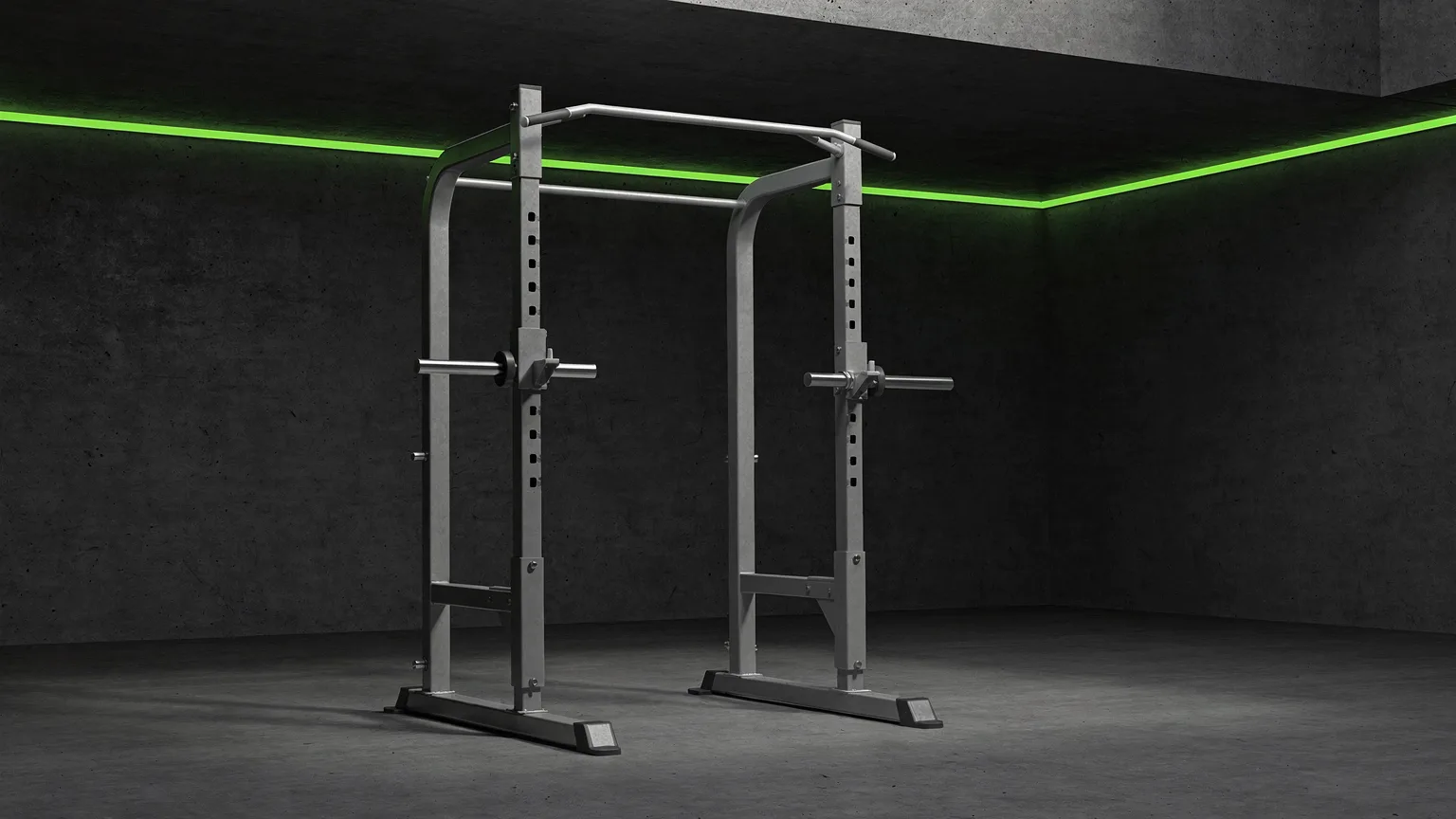 Generic grey steel squat rack in a bare concrete room beneath a low ceiling with a green light strip