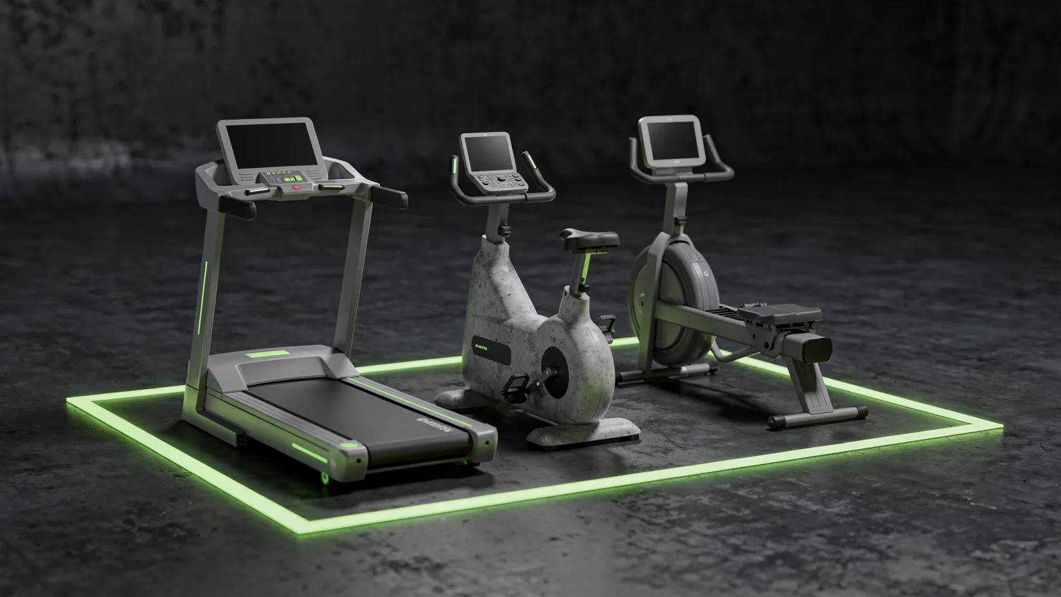 AI-generated concept illustration: three plain generic cardio machines with completely smooth unmarked surfaces and blank dark panels (a folded treadmill, a small exercise bike and a rowing machine) standing in a row inside a volt green floor outline, no labels or markings anywhere