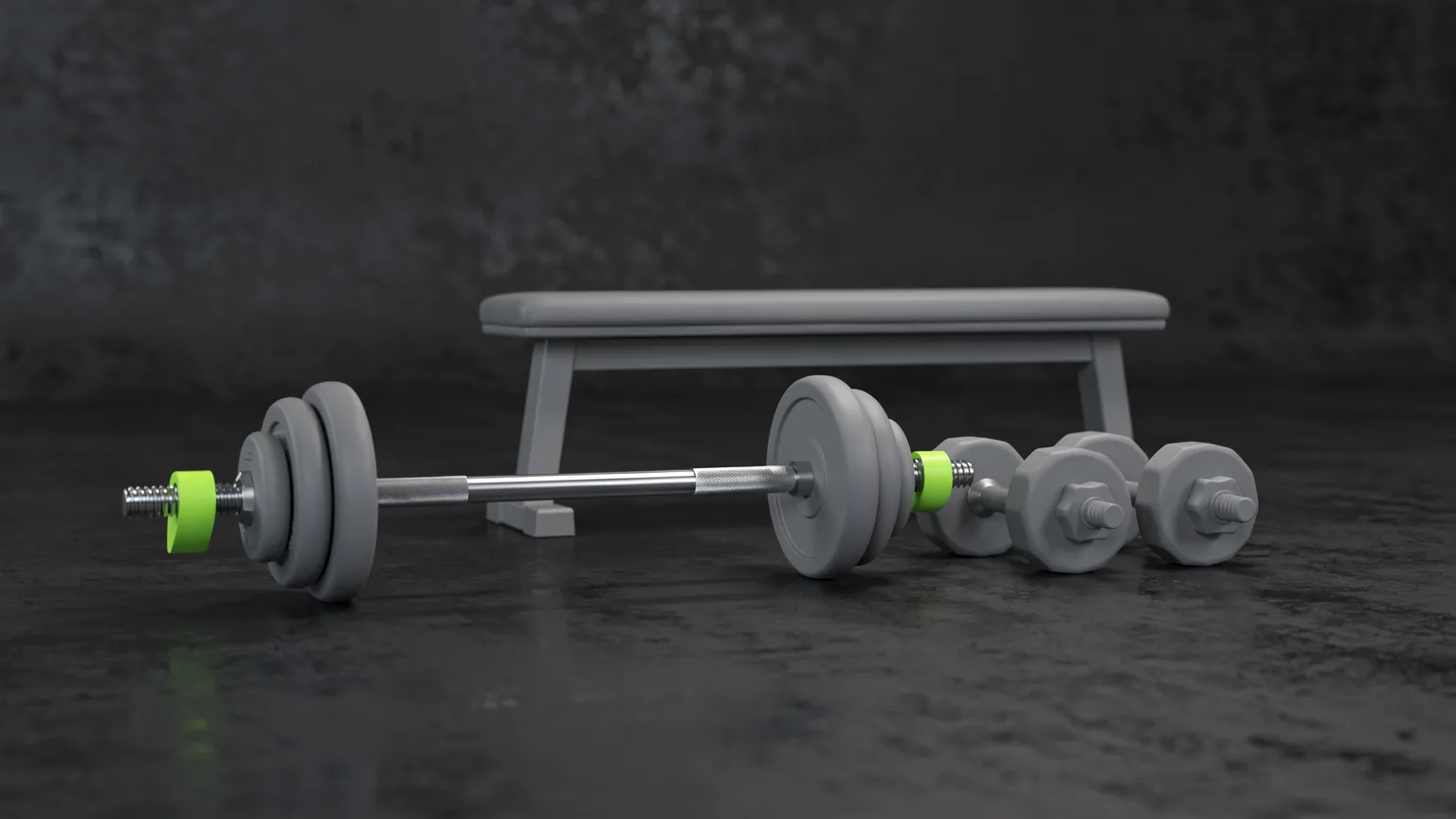 AI-generated concept illustration: a generic barbell on a floor, a plain unmarked pair of dumbbells and a bench arranged neatly side by side, completely smooth surfaces with no markings, a volt green clip on the barbell