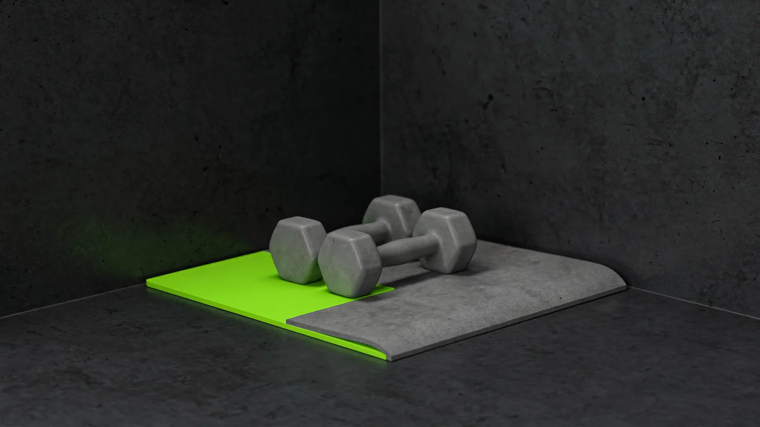 AI-generated concept illustration: a generic foam floor mat and a pair of dumbbells in a small flat room corner, a volt green mat edge