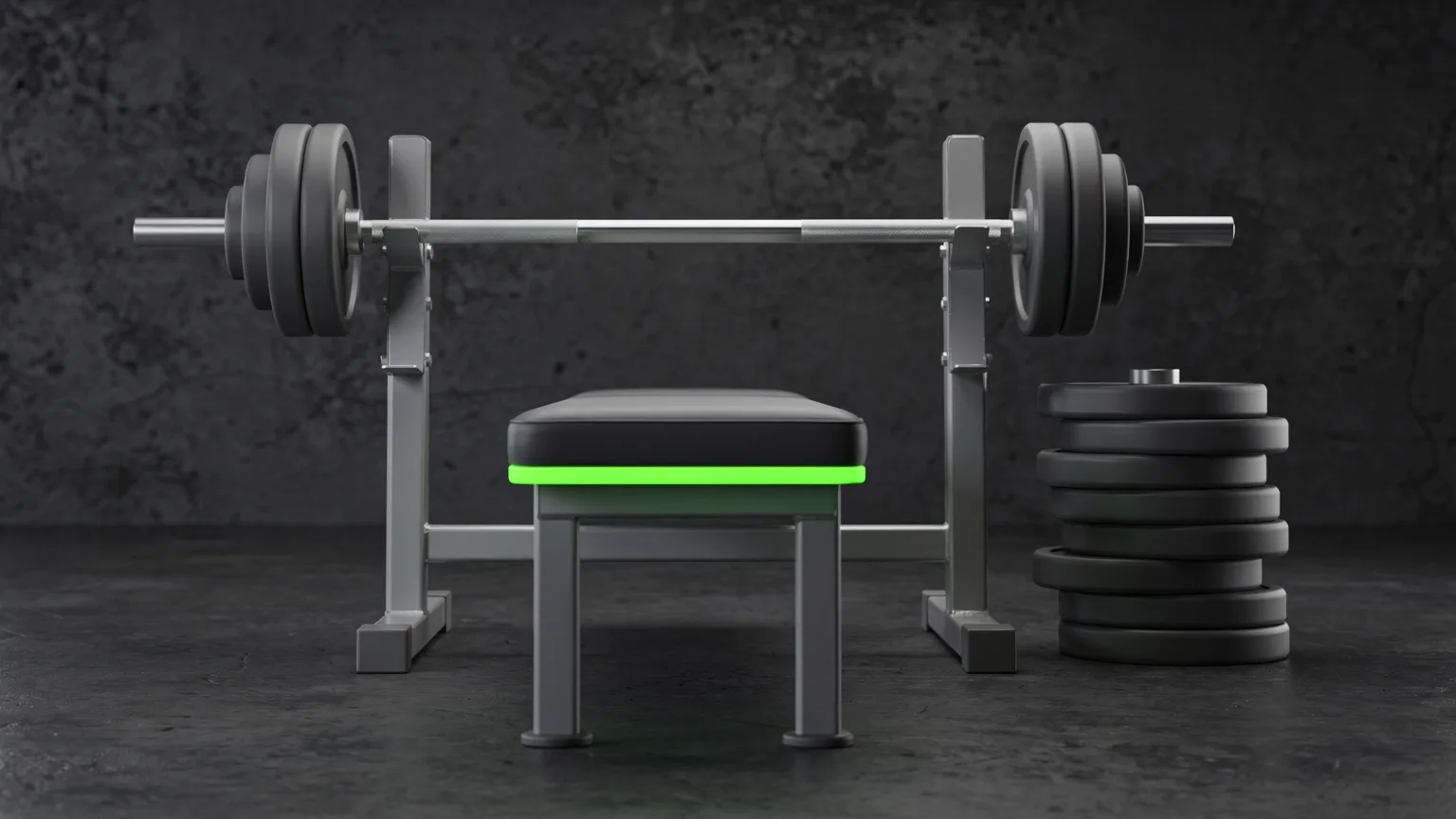 Generic unbranded flat weight bench with a loaded barbell on rack uprights beside a stack of plates, one green stripe on the pad edge
