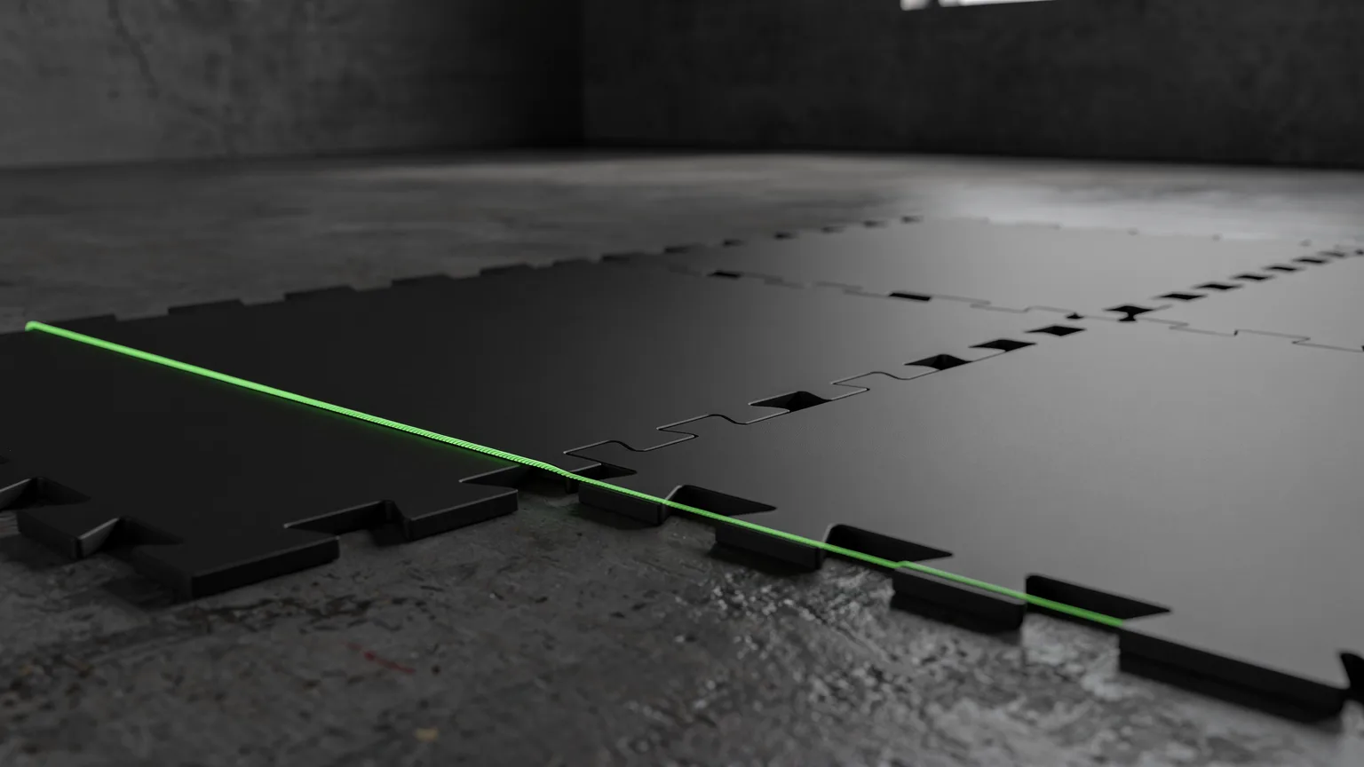 AI-generated concept illustration: black interlocking rubber floor tiles being laid in a bare room, a taut volt green string line running along the edge of the tiles, completely plain tiles with no markings, no tools with numbers