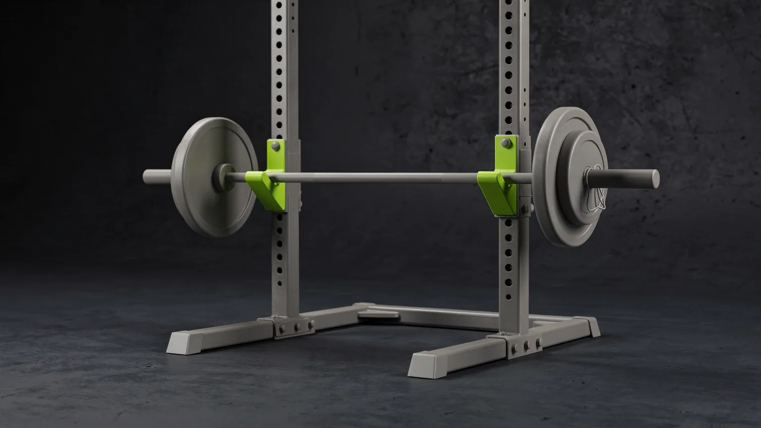 AI-generated concept illustration: a generic barbell on safety spotter arms in a power rack, a volt green spotter bar as the accent