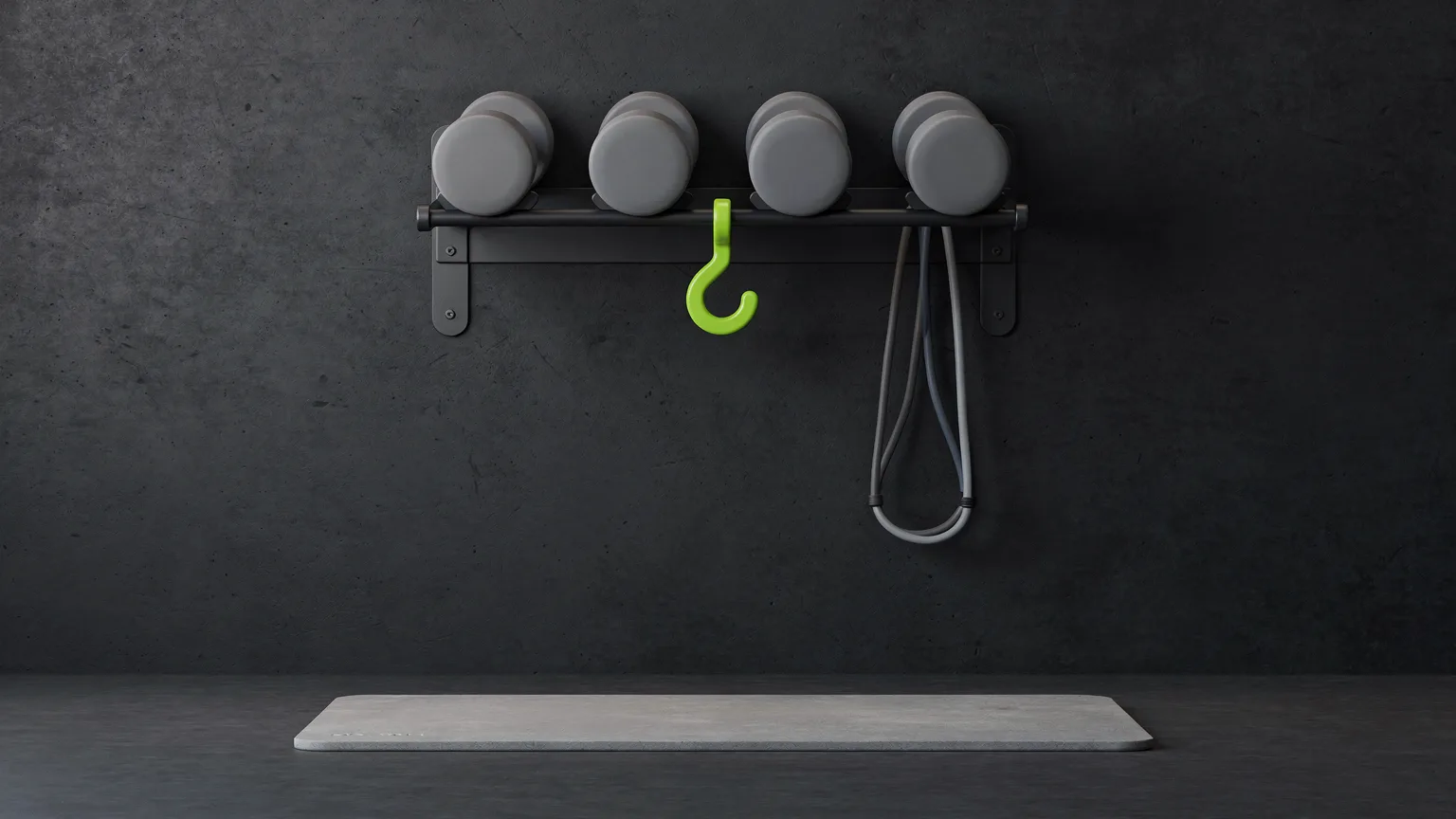 AI-generated concept illustration: a generic wall mounted rack holding dumbbells and bands tidily above a mat, a volt green hook