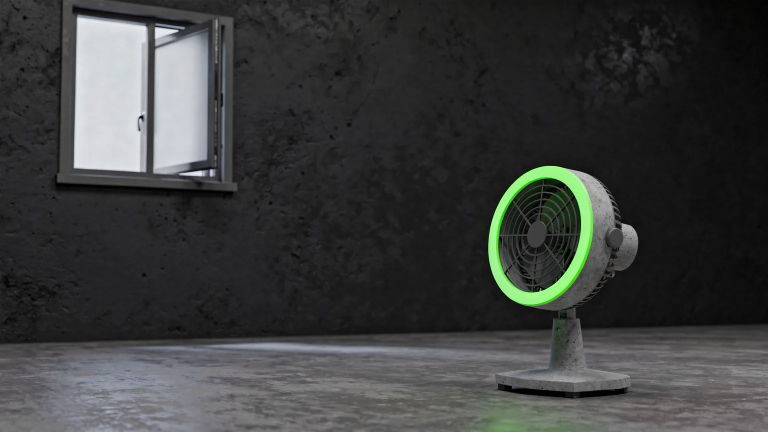 AI-generated concept illustration: a generic small open window and a floor fan in an empty gym room, a volt green fan ring