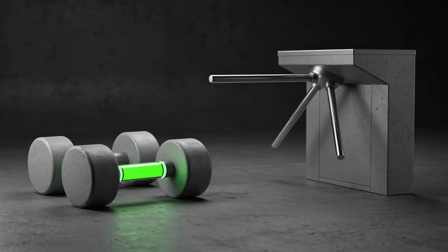 AI-generated concept illustration: a generic pair of dumbbells on one side and an empty turnstile gate on the other, a volt green light on the dumbbell handle
