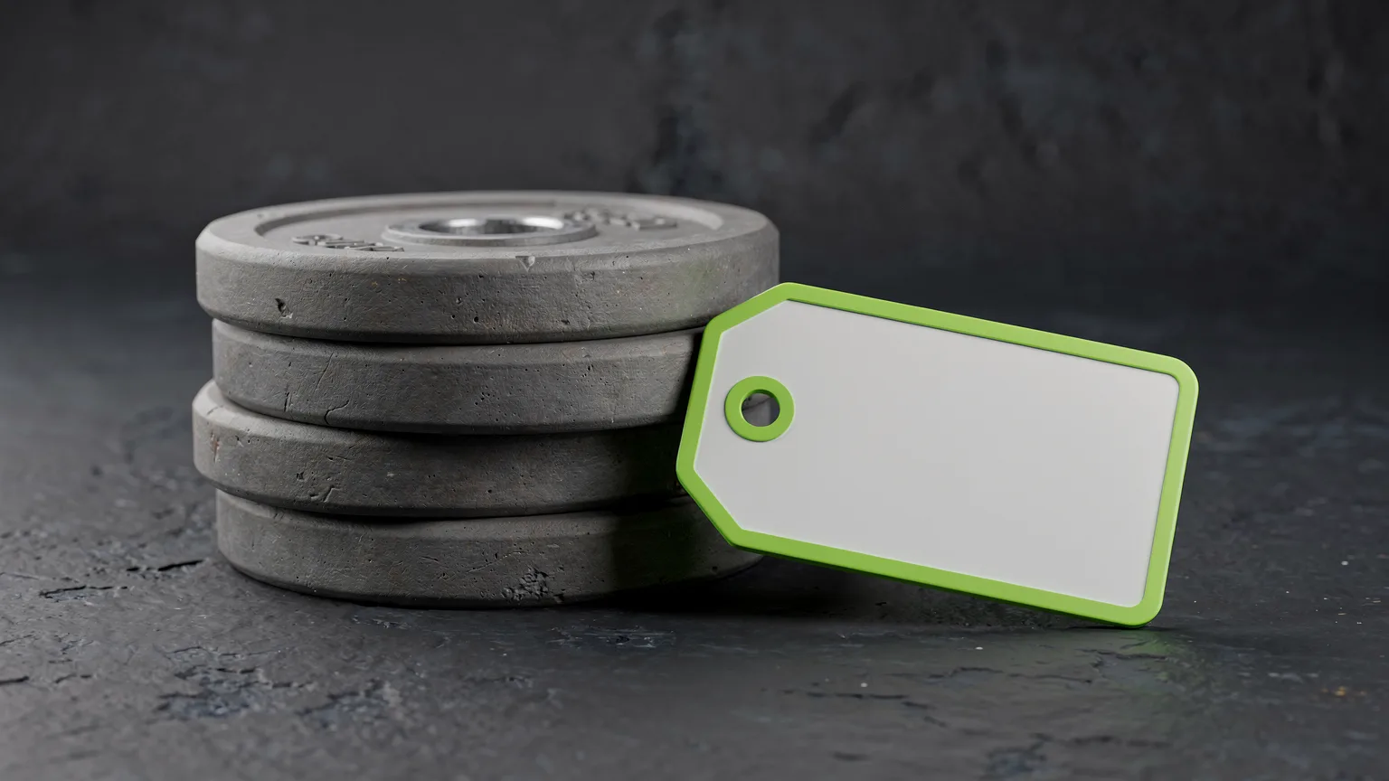AI-generated concept illustration: a small stack of generic weight plates beside an abstract blank price tag, volt green tag edge