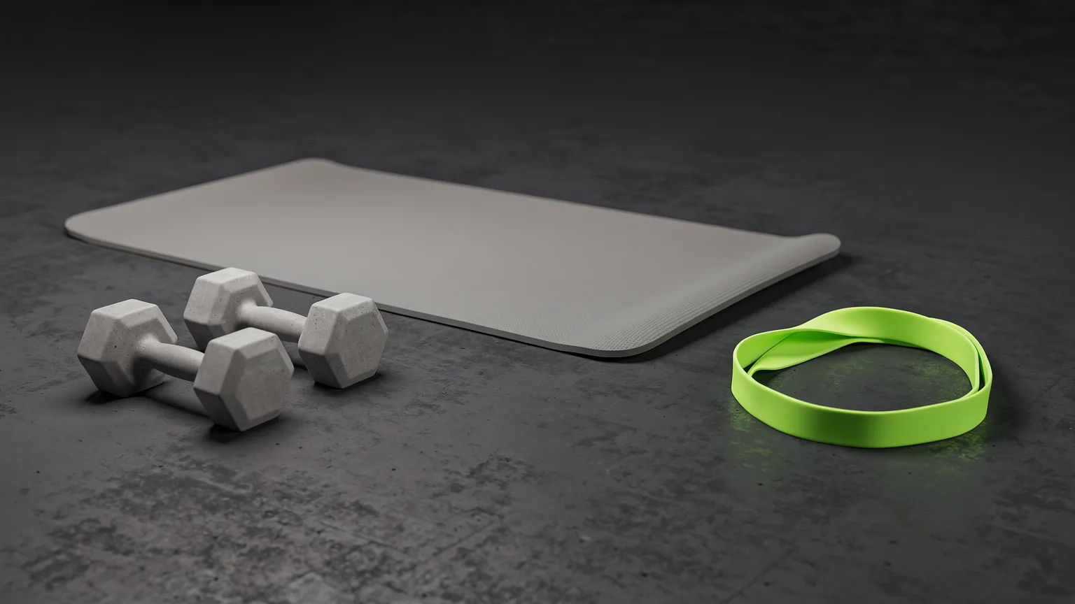 AI-generated concept illustration: three basic generic items on a floor: a mat, a pair of dumbbells and a resistance band, volt green band
