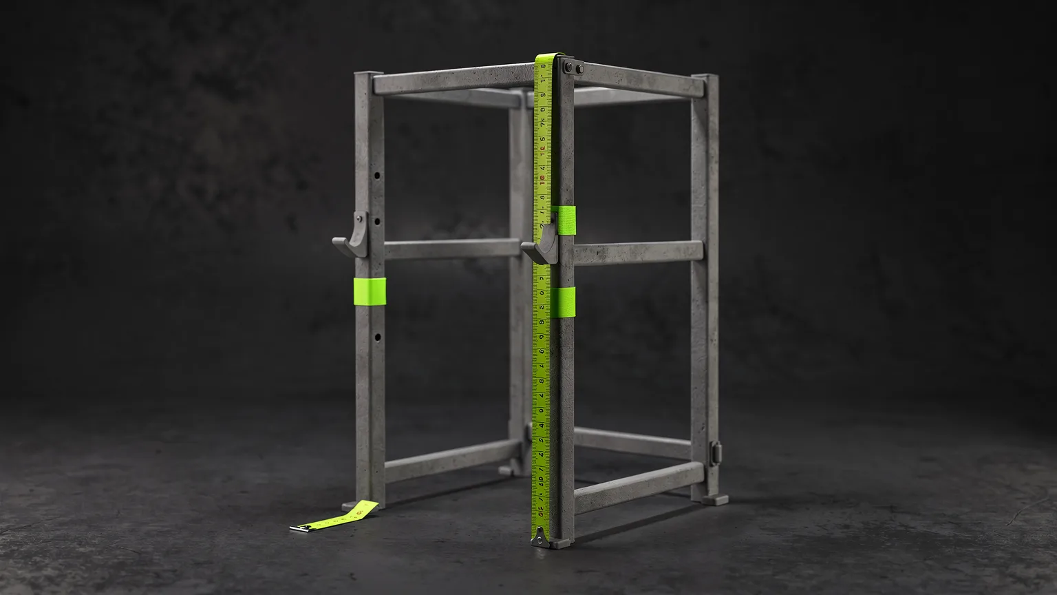 AI-generated concept illustration: a generic power rack frame with a tape measure draped over one upright, volt green tape accent