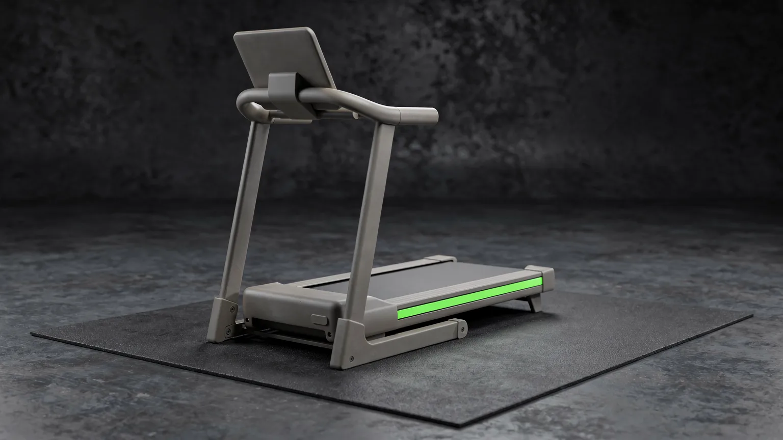 Generic unbranded folding treadmill on a dark rubber floor mat with a single volt-green stripe on the belt edge
