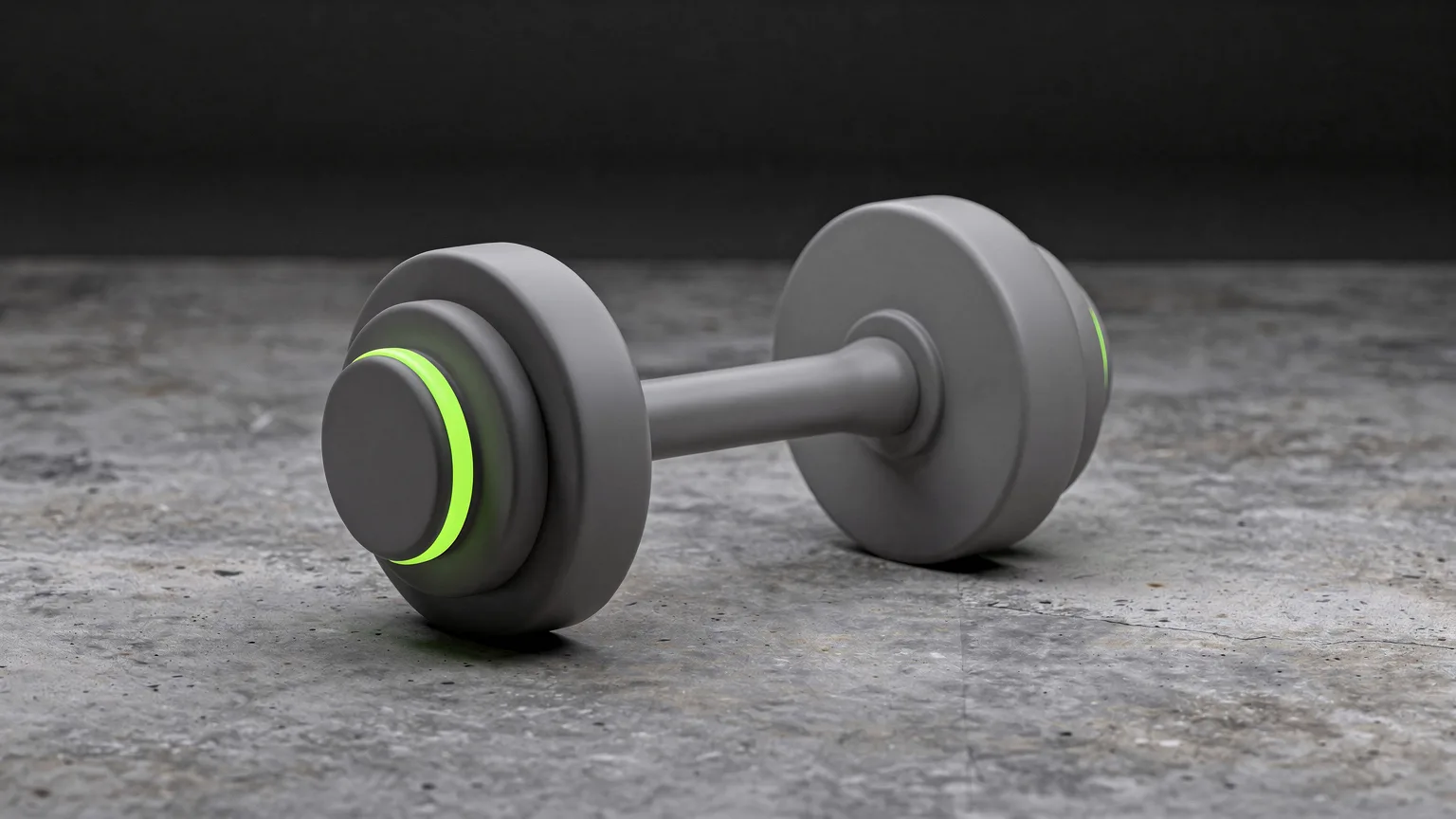 Generic grey adjustable dumbbell resting on a concrete floor with a single glowing green ring on the end plate