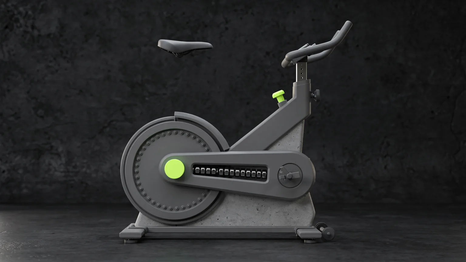 Grey unbranded exercise bike in side view with a flywheel, row of magnets and a volt-green resistance knob on a dark concrete background
