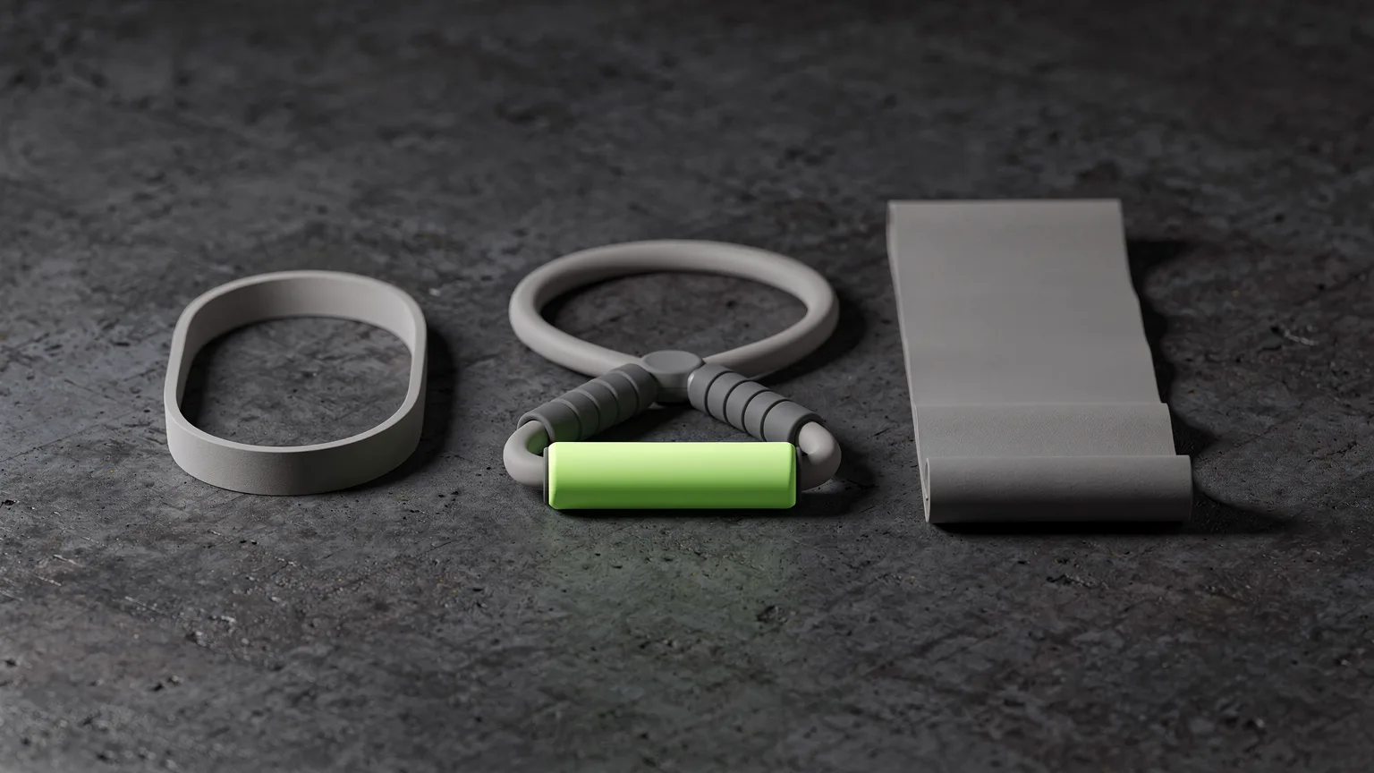 Grey closed loop band, looped tube band with a volt-green handle and a flat band strip on dark concrete