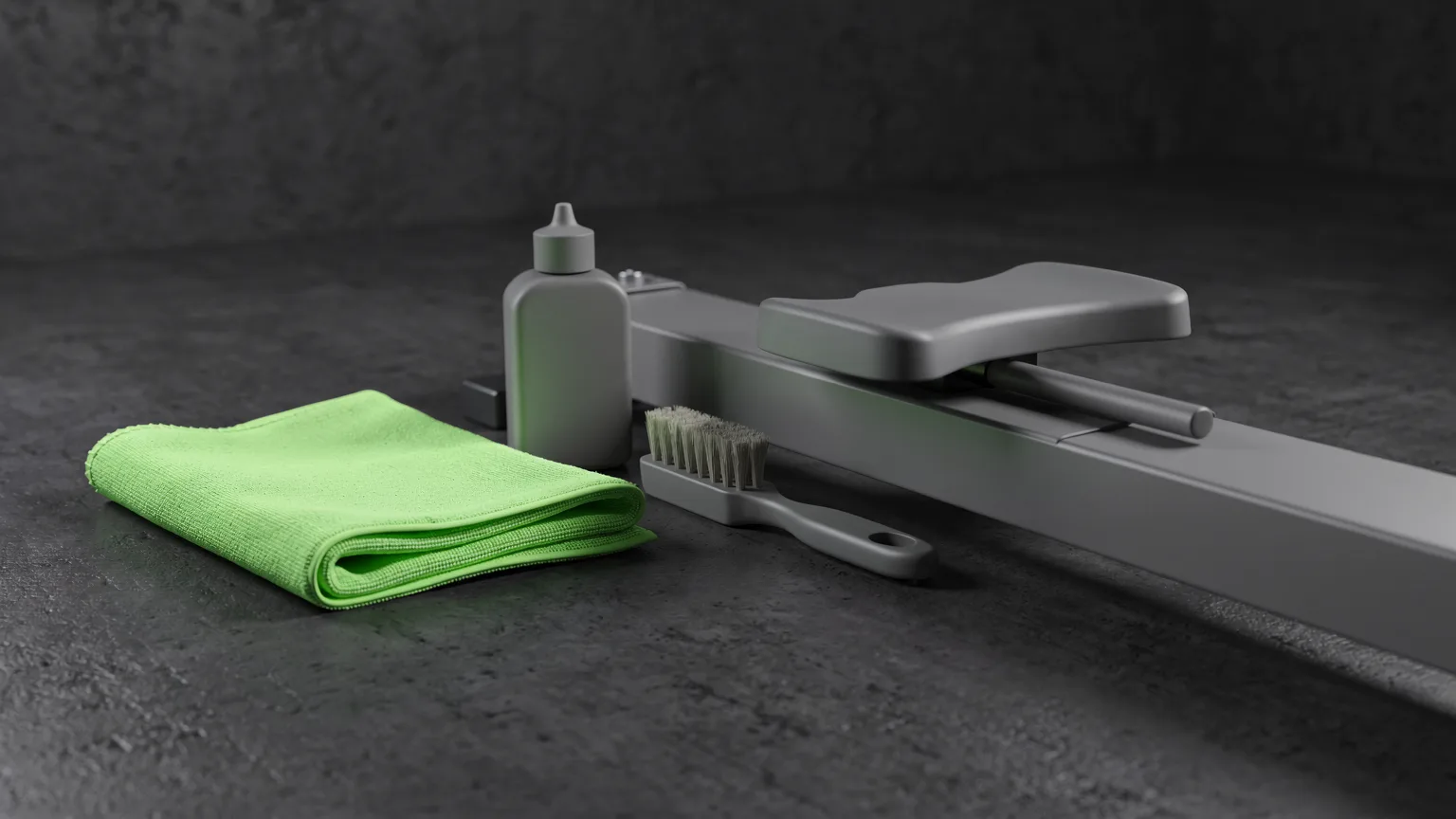 AI-generated concept illustration: a generic cloth, a small oil bottle and a brush laid next to a rowing machine seat track, a volt green cloth