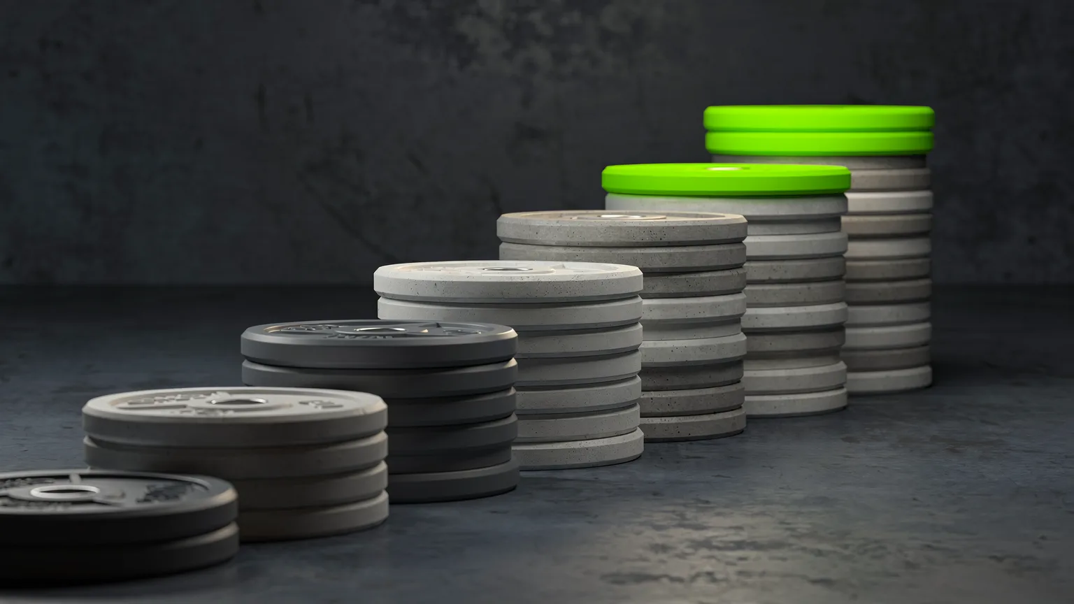 AI-generated concept illustration: a staircase of generic stacked weight plates rising left to right, the top plate volt green