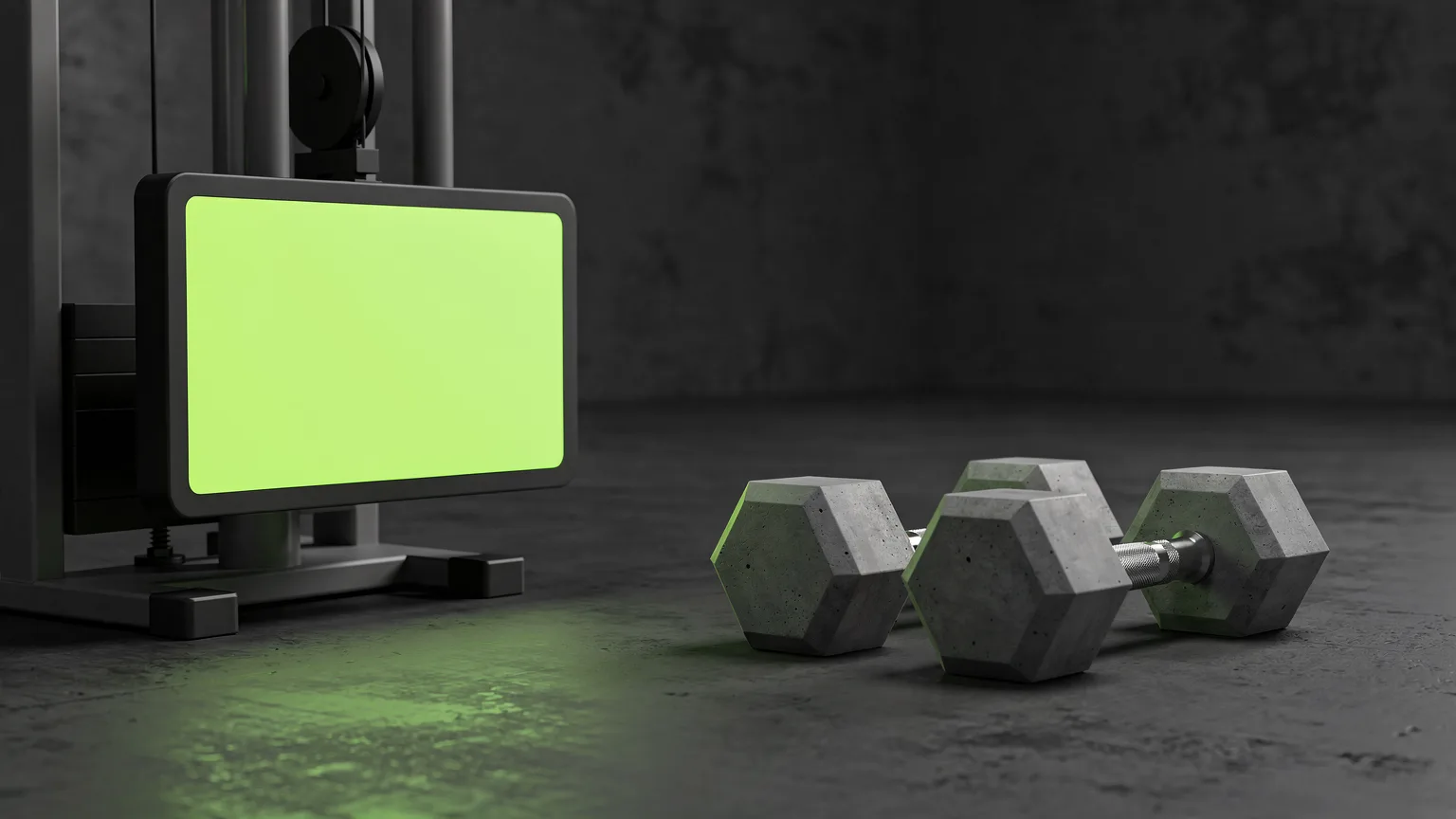 AI-generated concept illustration: a generic cable machine screen glowing volt green beside a plain pair of dumbbells, balanced composition