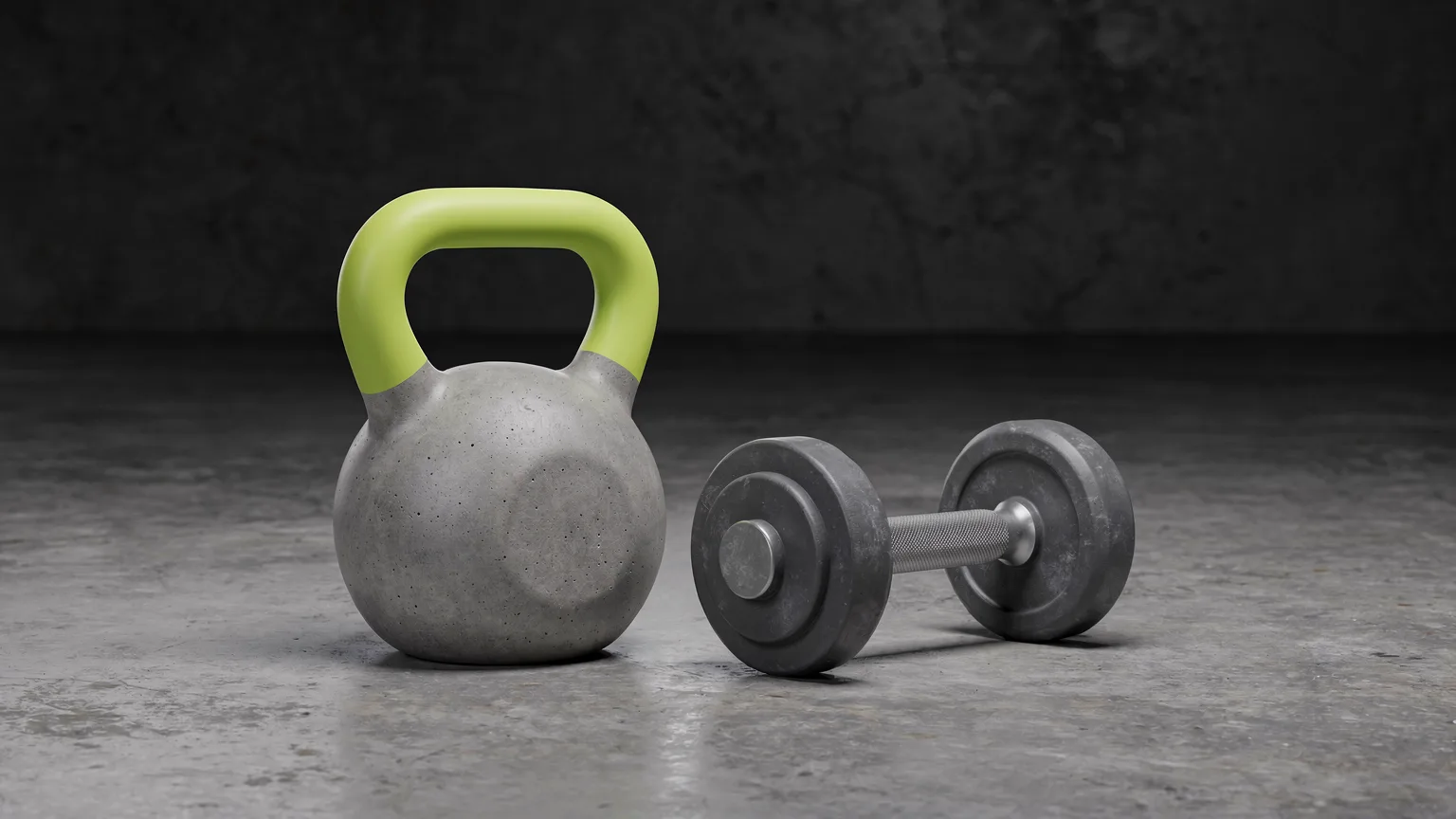 AI-generated concept illustration: one generic kettlebell and one generic dumbbell side by side on concrete, volt green handle on the kettlebell