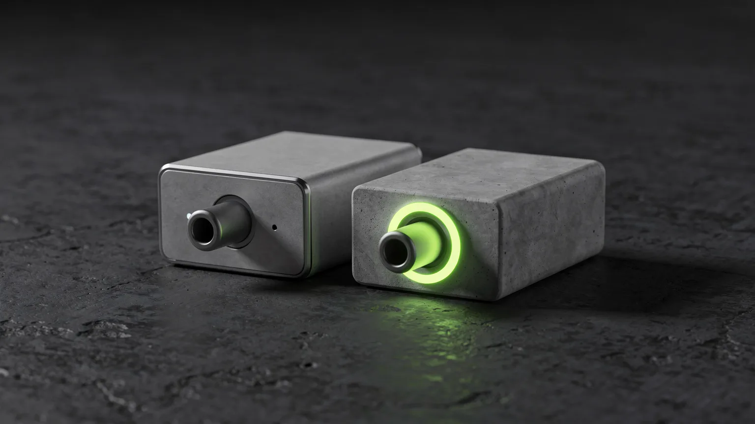 AI-generated concept illustration: two generic compact digital cable resistance devices side by side, one with a volt green light ring